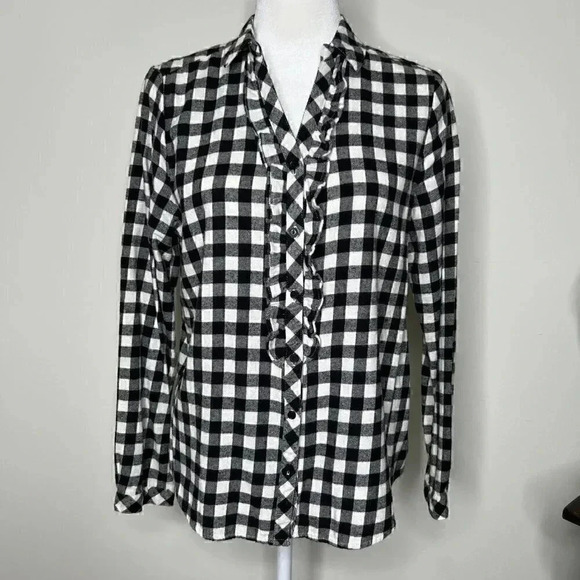 MELLO DAY Black & White Buffalo Check Flannel Ruffle Button Down - Holiday Plaid - Picture 4 of 10